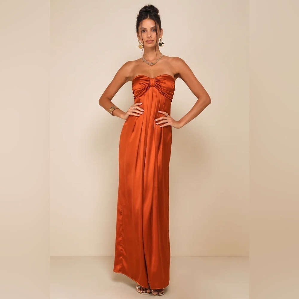 Lulus Memorable Entrance Rust Orange Strapless Satin Maxi Dress